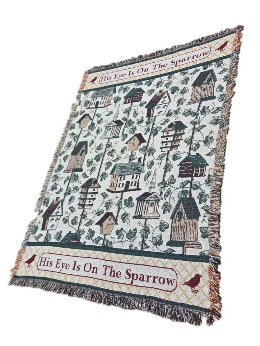 Vintage Christian Throw Blanket His Eye Is On The Sparrow Birdhouse Tapestry 90s